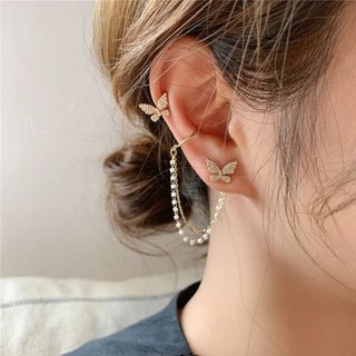 Butterfly Ear Stud with Pearl Chain Cuff
