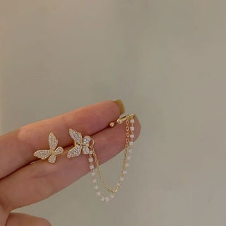 Butterfly Ear Stud with Pearl Chain Cuff