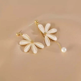 Twist of Daisy – Asymmetrical Floral Drop Earrings with Pearl