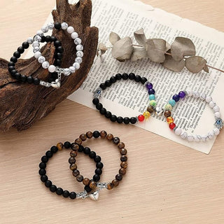 Magnetic Couple Bracelet - Natural Stone Bracelet Set | Bracelet Set with Hamsa and Heart Charm