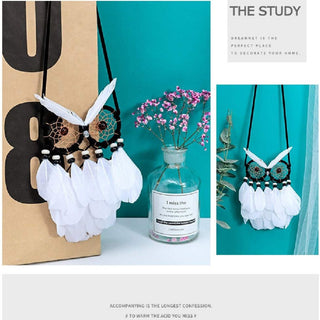 Monochrome Owl Dreamcatcher – Handmade Boho Wall Hanging with Feathers