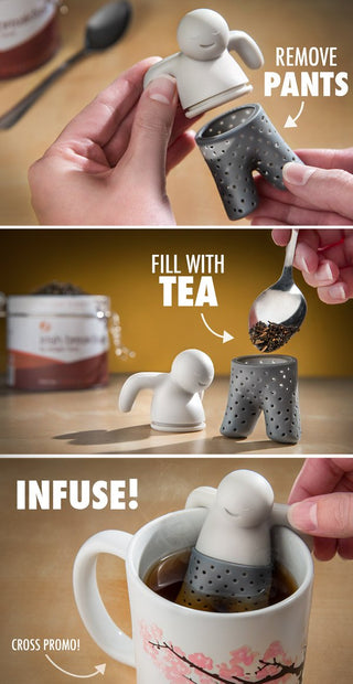 Load up his silicone pants with tea, perch him atop your cup, and watch as he effortlessly steeps your tea. The dishwasher and microwave-safe Mr. Tea Infuser is the perfect gift for any lover of tea.