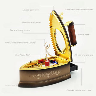 Vintage Steam Iron Music Box with Rotating Ballerina n LED Lights