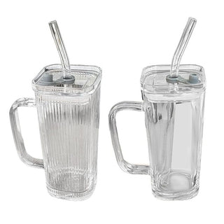 Square Glass Tumbler with Lid and Straw | Heat & Cold Resistant Drinkware