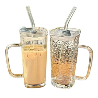 Square Glass Tumbler with Lid and Straw | Heat & Cold Resistant Drinkware