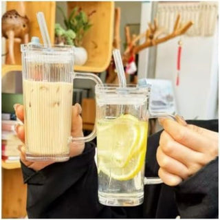 Square Glass Tumbler with Lid and Straw | Heat & Cold Resistant Drinkware