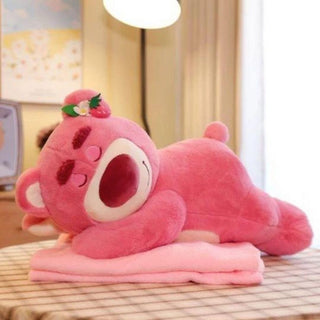 Sleepy Pink Bear Plush Pillow with Blanket