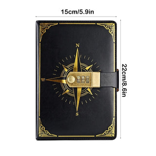 Leather Compass Lock Diary with 3-Digit Password – Vintage Hardcover Personal Journal (A5 Size)