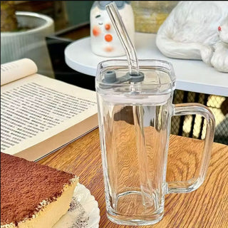 Square Glass Tumbler with Lid and Straw | Heat & Cold Resistant Drinkware