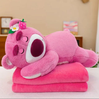 Sleepy Pink Bear Plush Pillow with Blanket