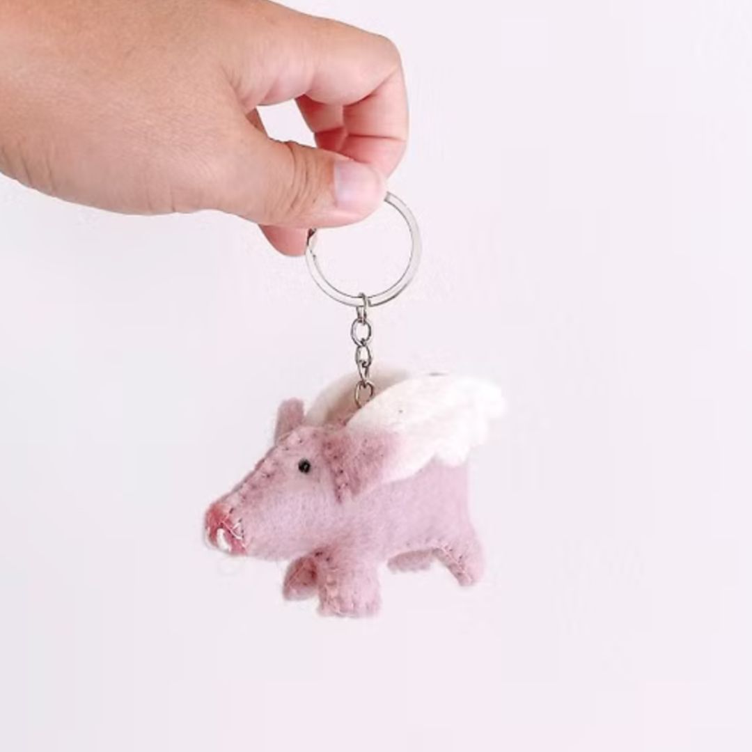 Flying Pig Felt Keychain Woollen Handcrafted Fantasy Pig Keychain