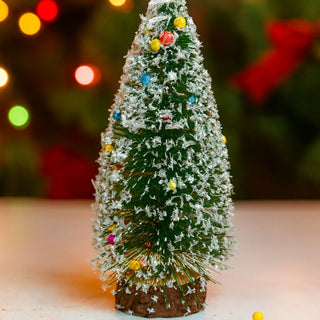 Mini Christmas Bottle Brush Trees with Wooden Base | Tabletop Snowy Pine Decoration