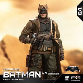 Batman action figure in a desert setting with 'Knightmare' label