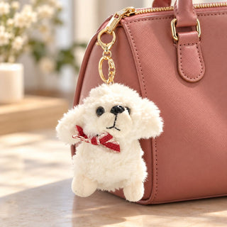 Cute White Puppy Plush Keychain with Bow