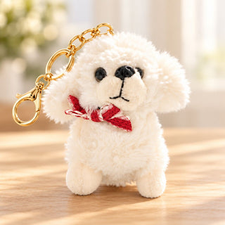Cute White Puppy Plush Keychain with Bow