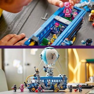 Figures inside building block model battle bus - fortnite