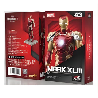 Marvel Iron Man Mark XLIII action figure packaging with red and gold design.