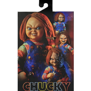 Chucky doll packaging with multiple poses and a knife on a white background