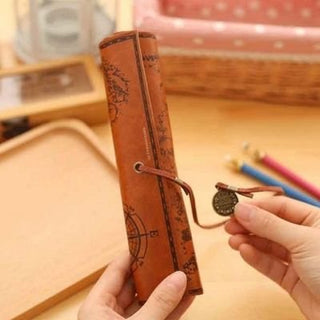 Pirate Pen Case - Roll up Leather